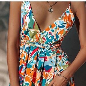 Simplee Vibrant Abstract Floral Print Maxi Dress Spaghetti Straps High Slit